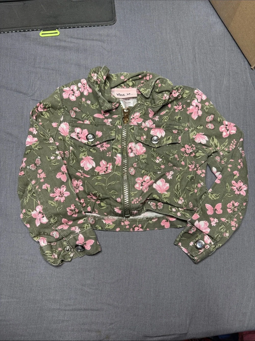 Little Lass Olive Green Jacket with Pink Floral Accents